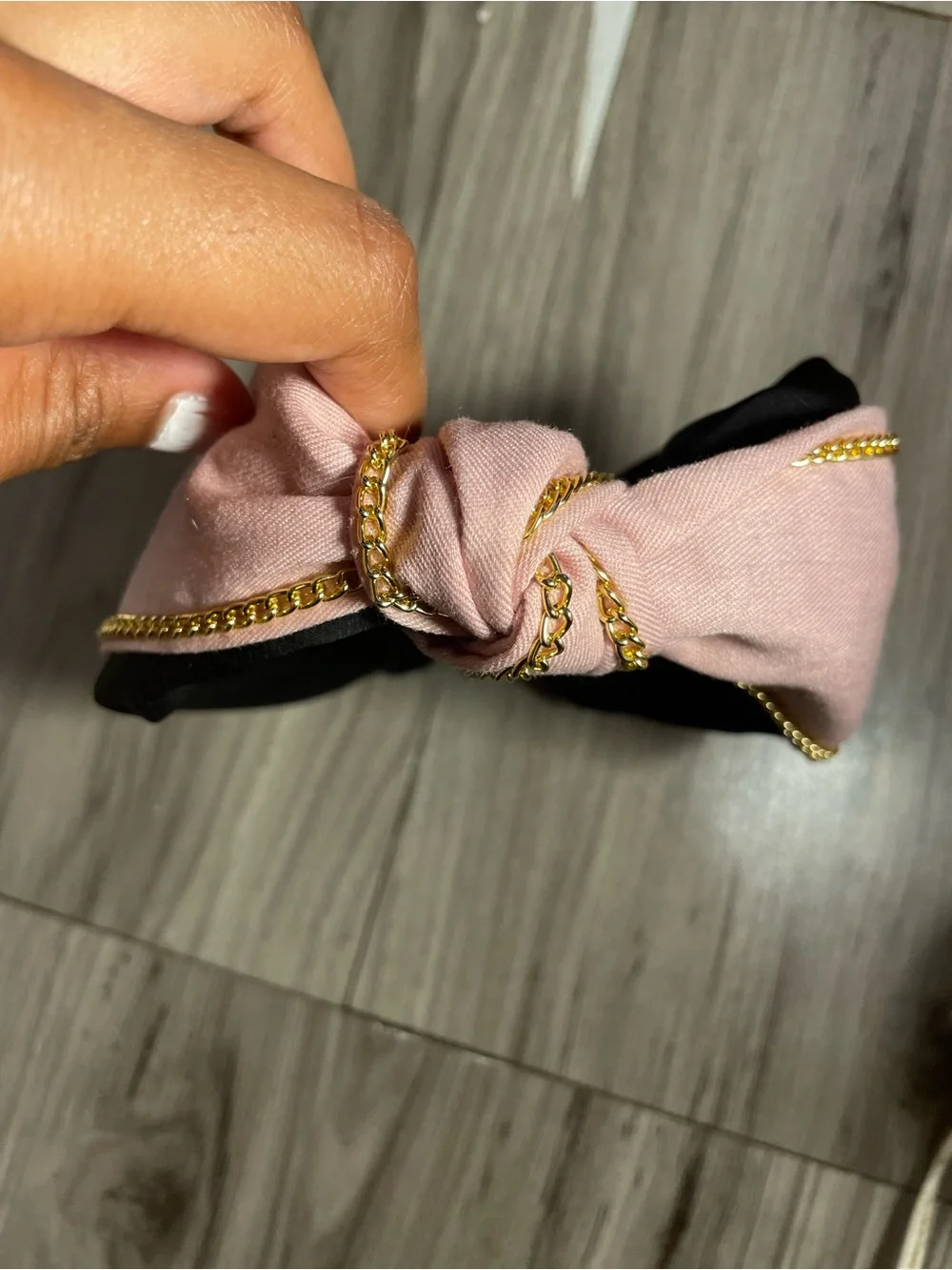 Blush Pink Knotted Headband with Gold Chain Detail